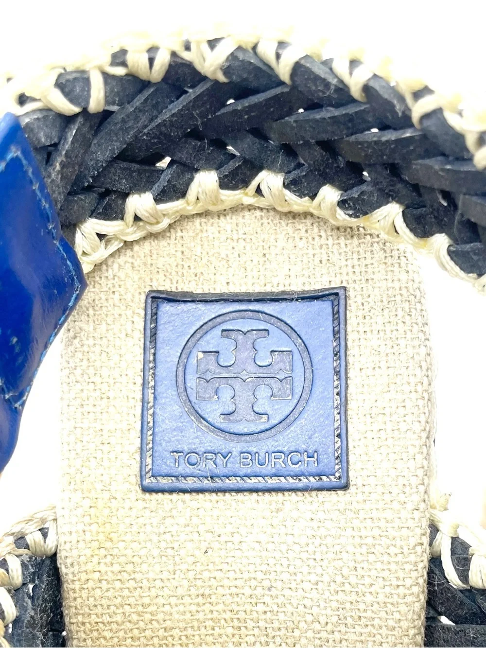 Tory Burch Lilah Espadrille Wedge Sandals Size 37 Cobalt Natural Braided Leather